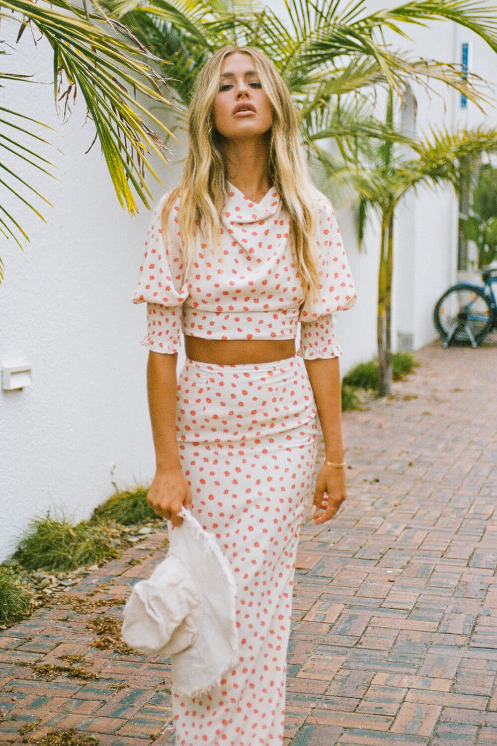 Autumn-inspired Camilla High-waisted Floor-length Cream Skirt with Orange Floral Print