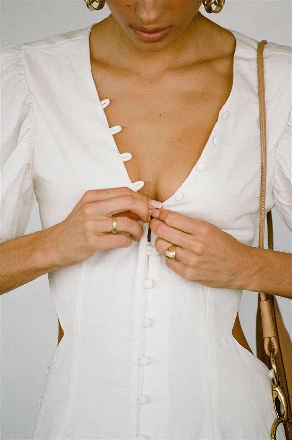 Exquisite Off-White Natural Cotton Louel Button Dress Inspired by Paris