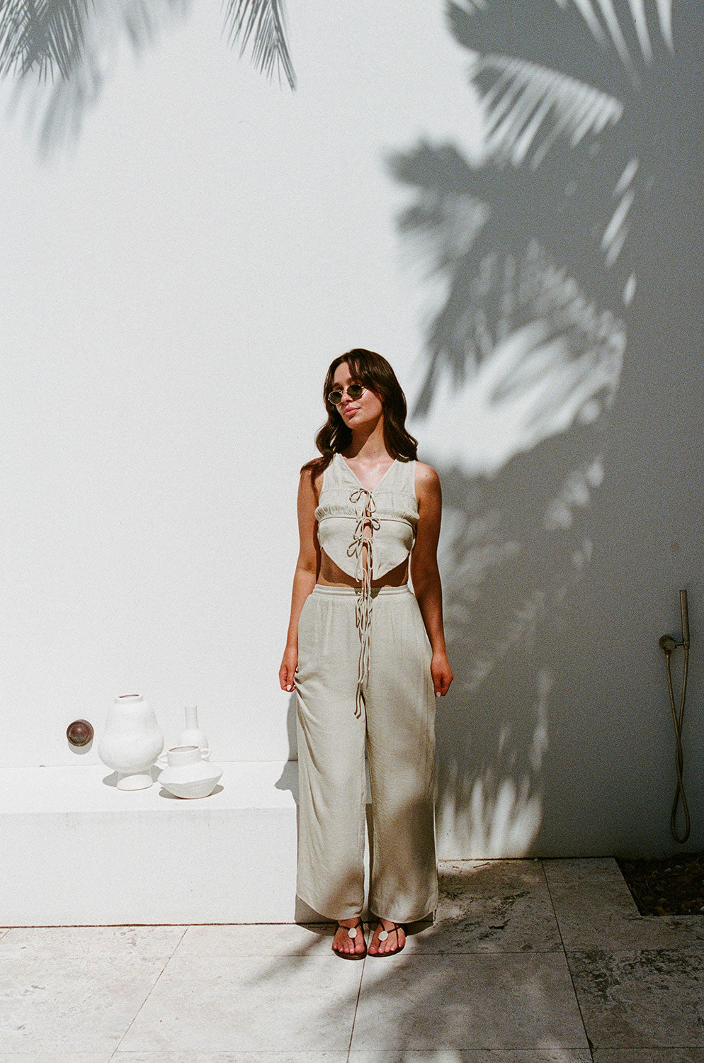 Stylish Henley Grey Taupe High - Waisted Wide - Leg Pants