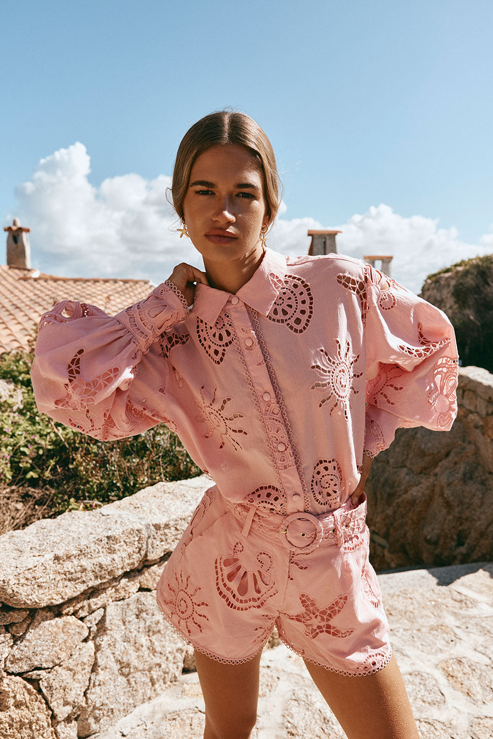 Carilo Rosa Coral Delicate Custom Cutwork Summer '25 Boxy Fit Top