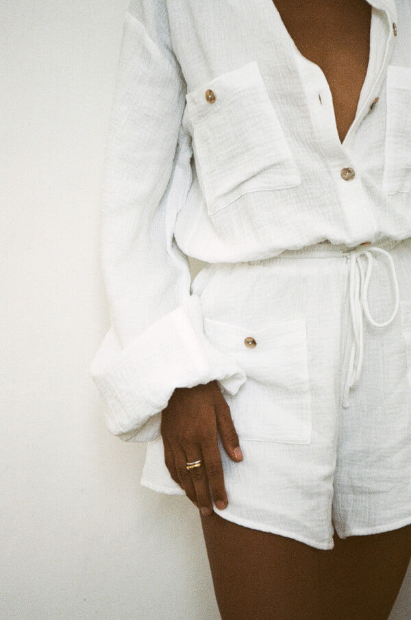 Estelle White Textured Cotton One - piece Playsuit for Easy Wear