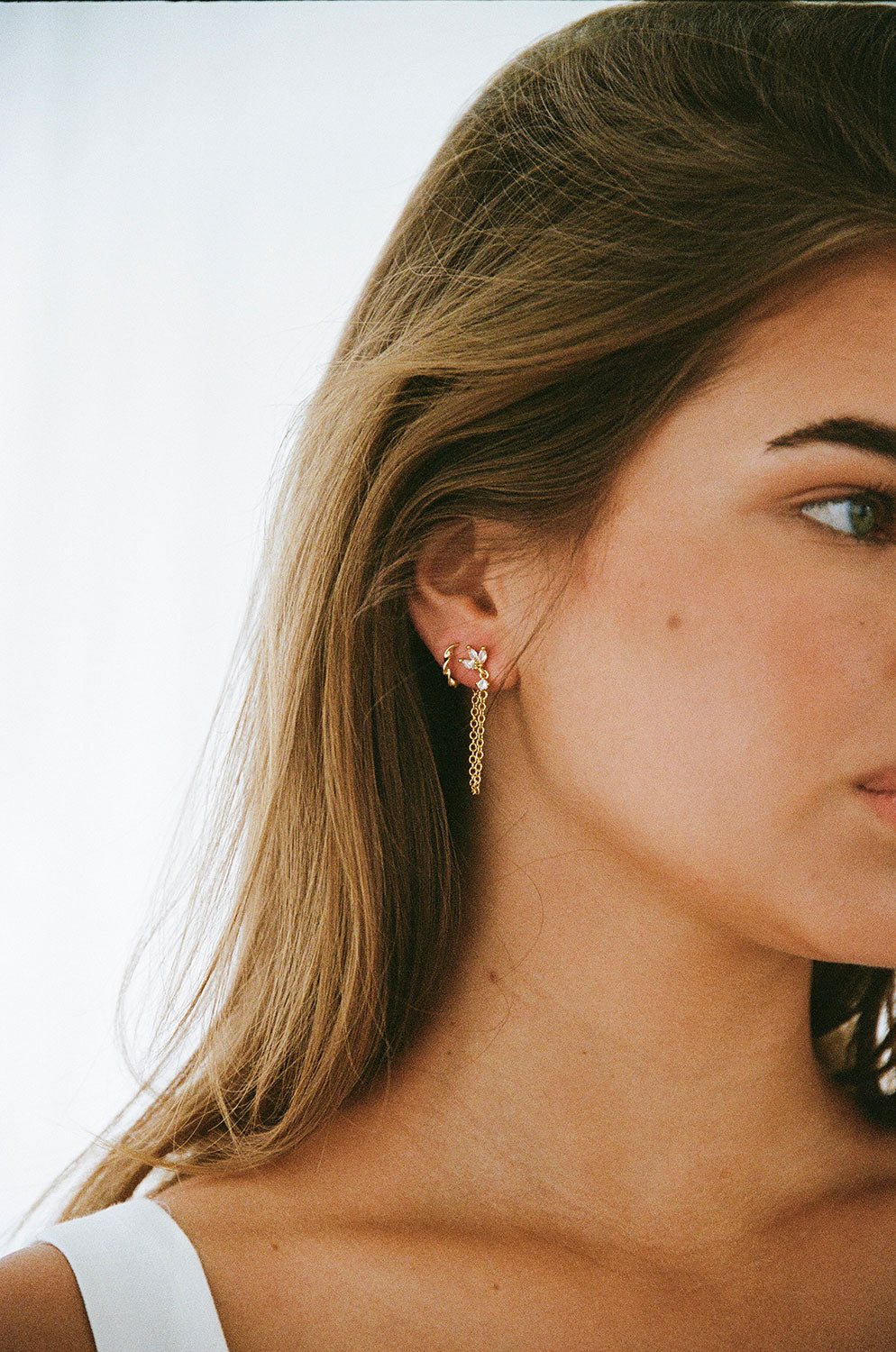 Stylish Gold-Toned Gem Stone Studded Linked Chain Piper Earrings for Stacking