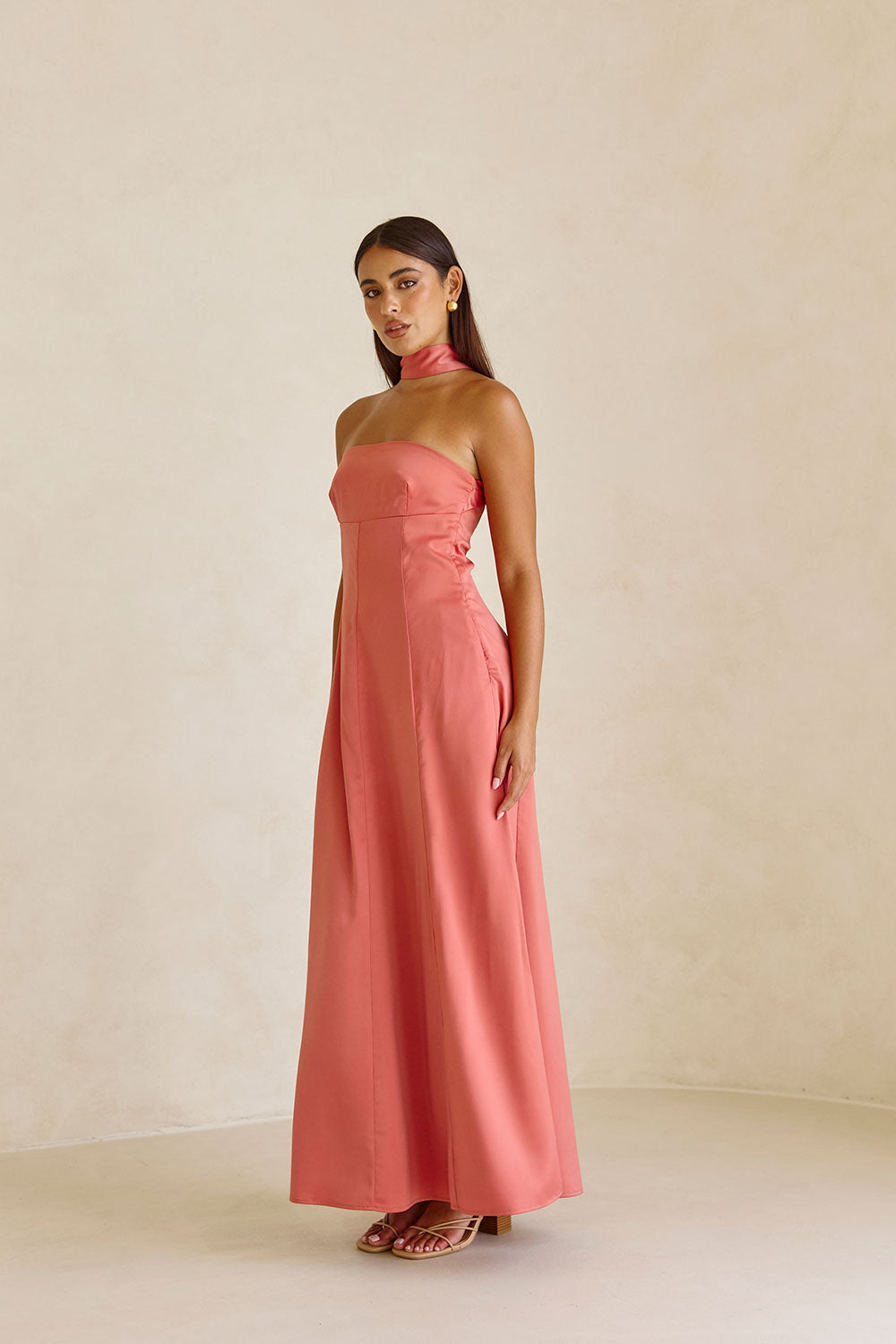 Coral Matte Silky Jianna Maxi Dress for Formal Events and Bridesmaids