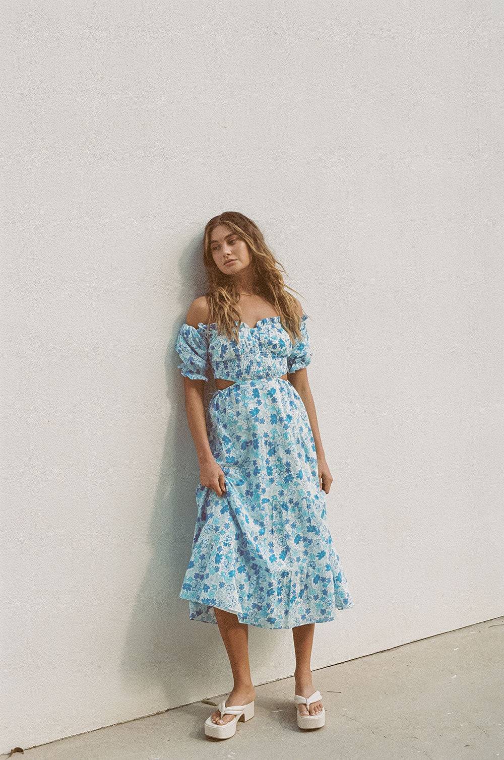 Exclusive Blue Dusk Floral Print Zara High - Quality Cotton Midi Dress