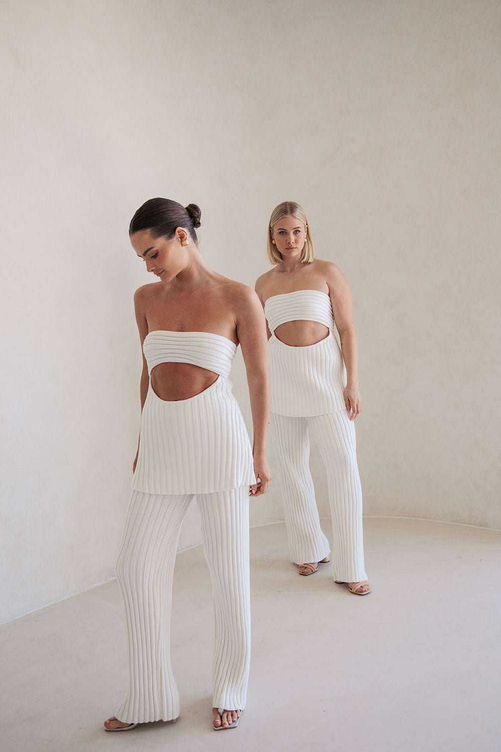 Sabo Exclusive White Structured Ribbed Knit High Waisted Elasticated Waist Stevie Pants