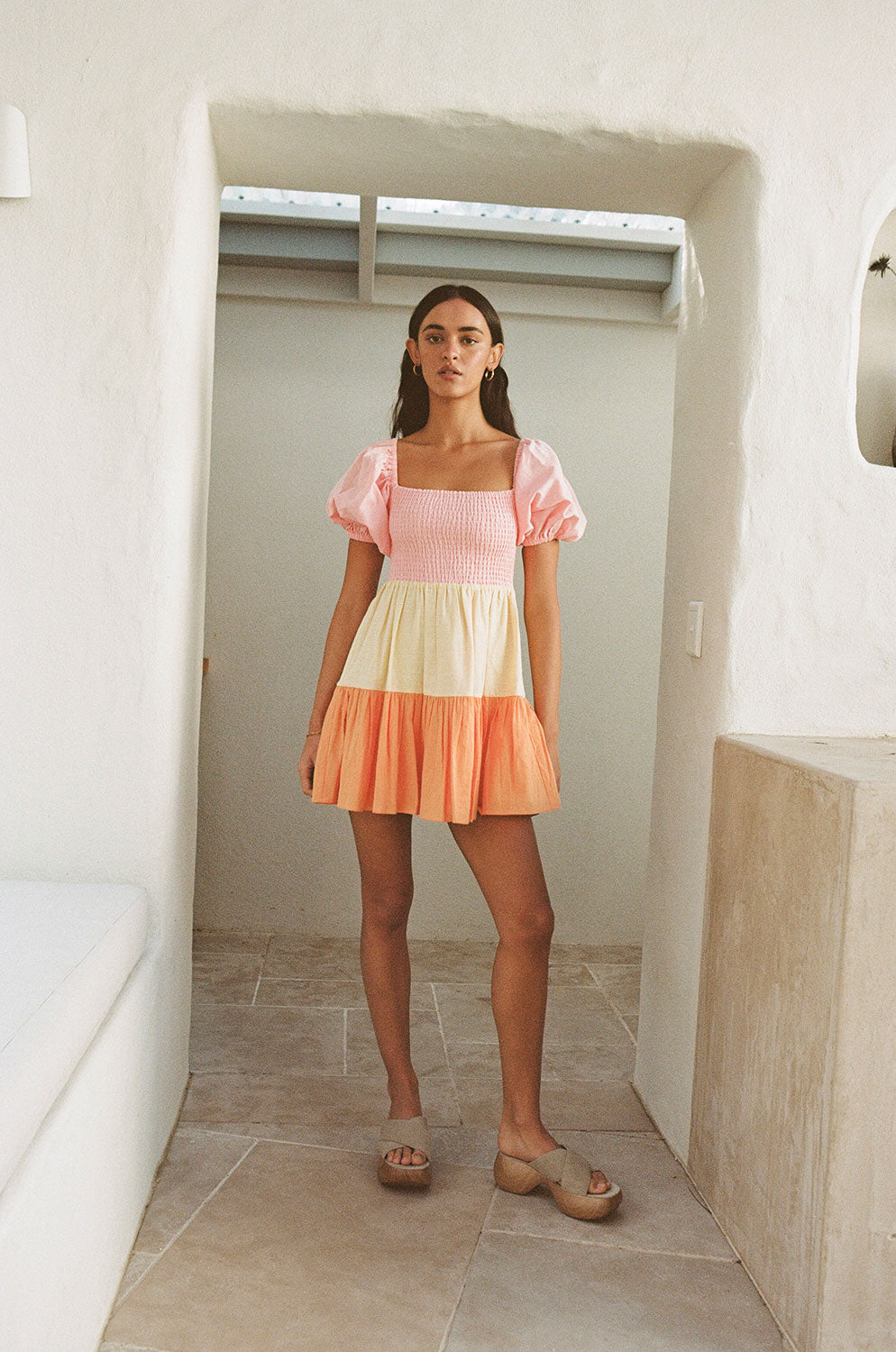Audrina Charming Off - Shoulder Mini Dress in Pink, Yellow & Orange