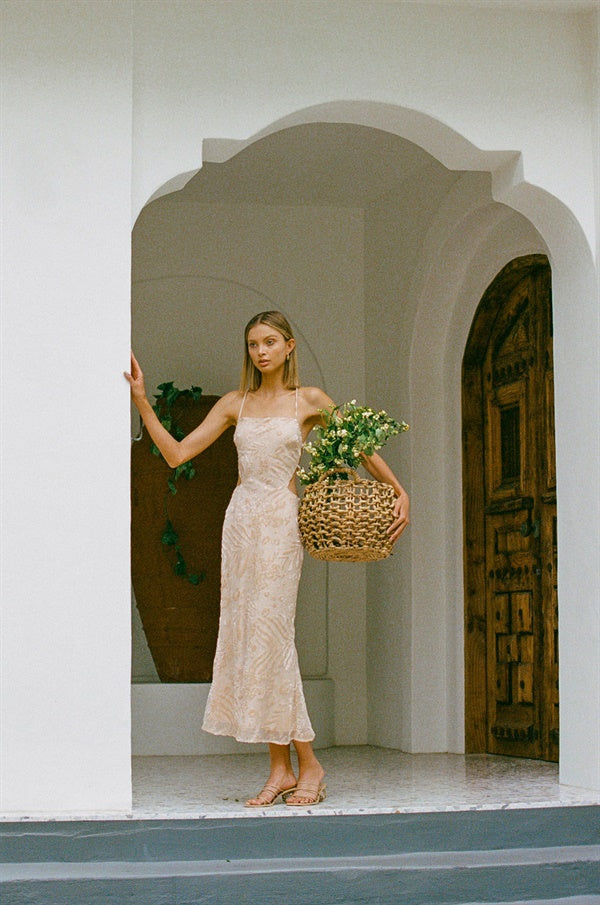 Exclusive Sabo-Designed Aviera Tan Burnout Fabric Midi Dress