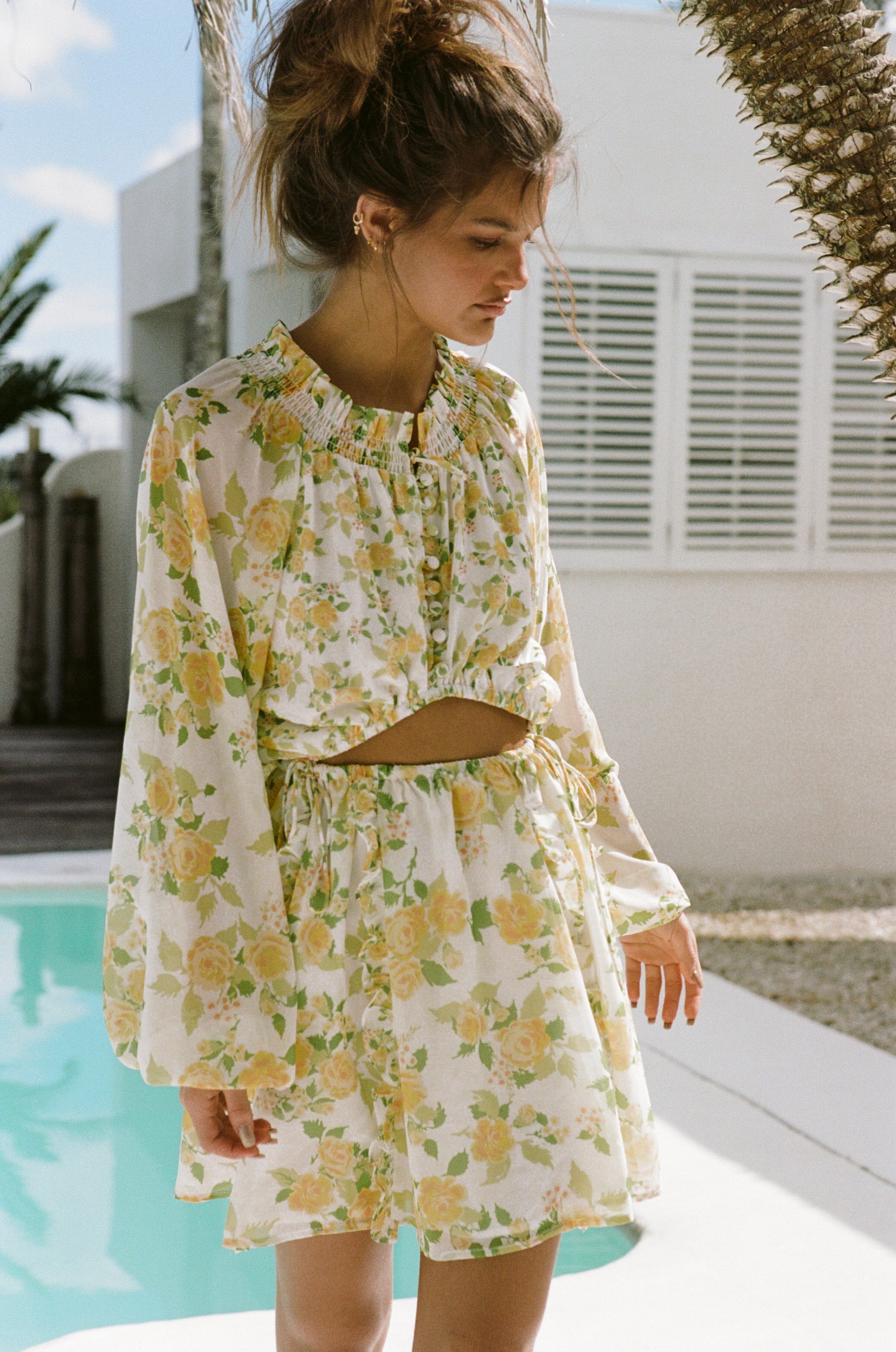 Exquisite Dusty Lemon Floral Inez Cutout Chiffon Dress