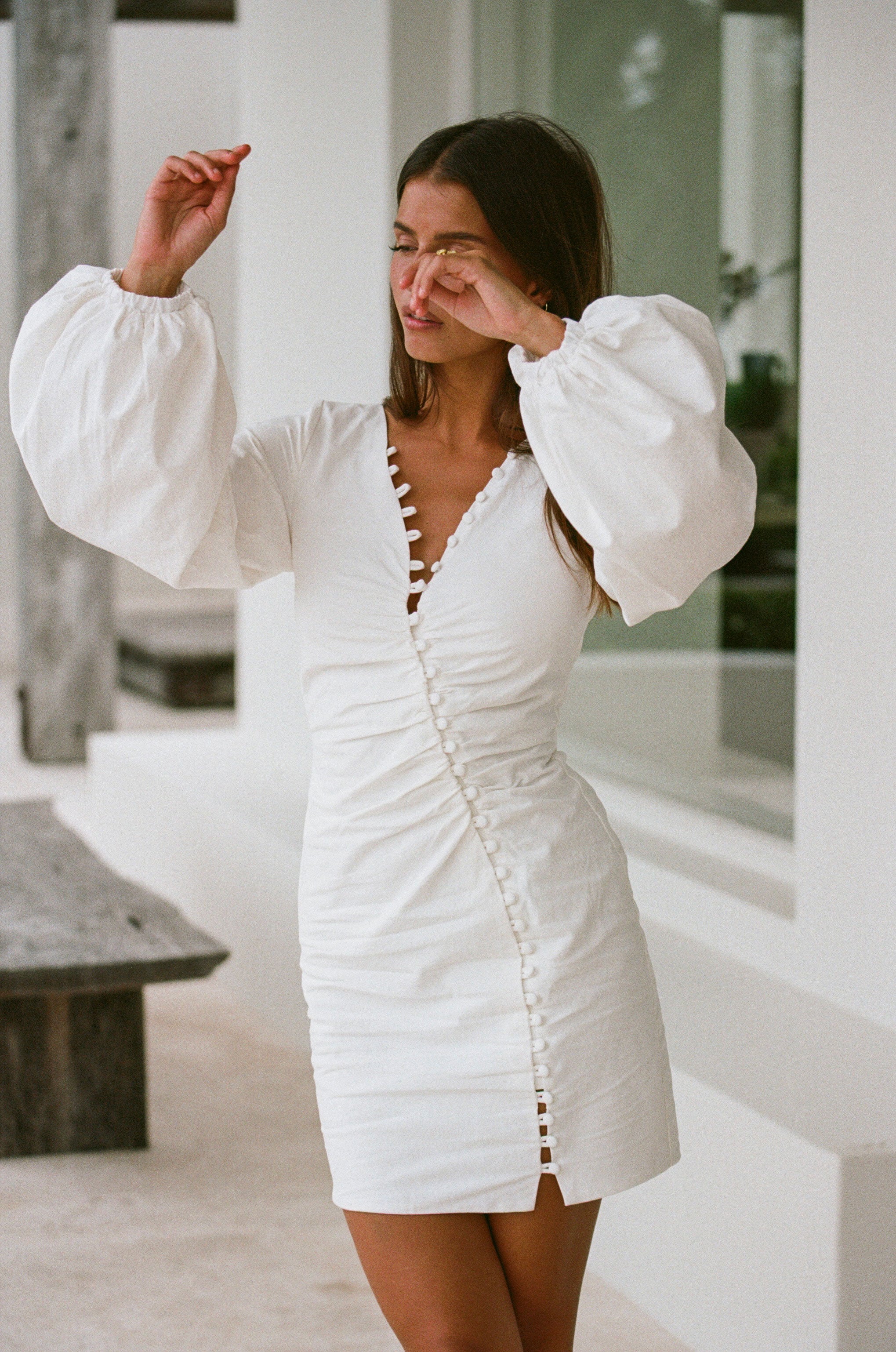 Exclusively Designed Off-White Linen Blend Minna Button Dress