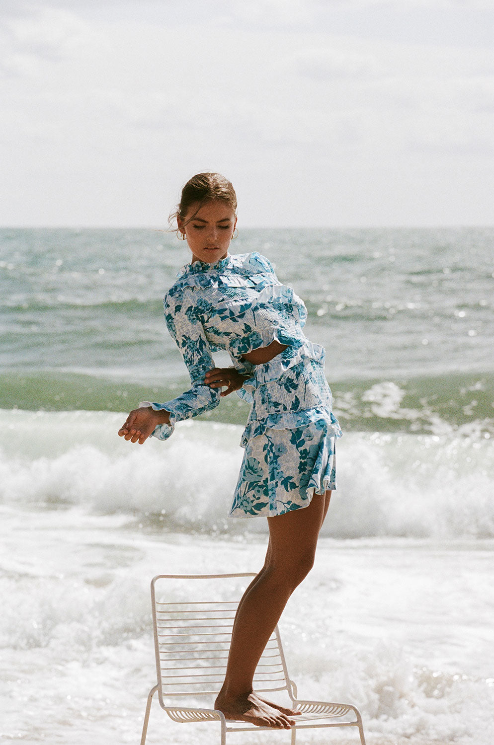 Elegant Rozalia Frilled Women's Dress with Azure Flora Print