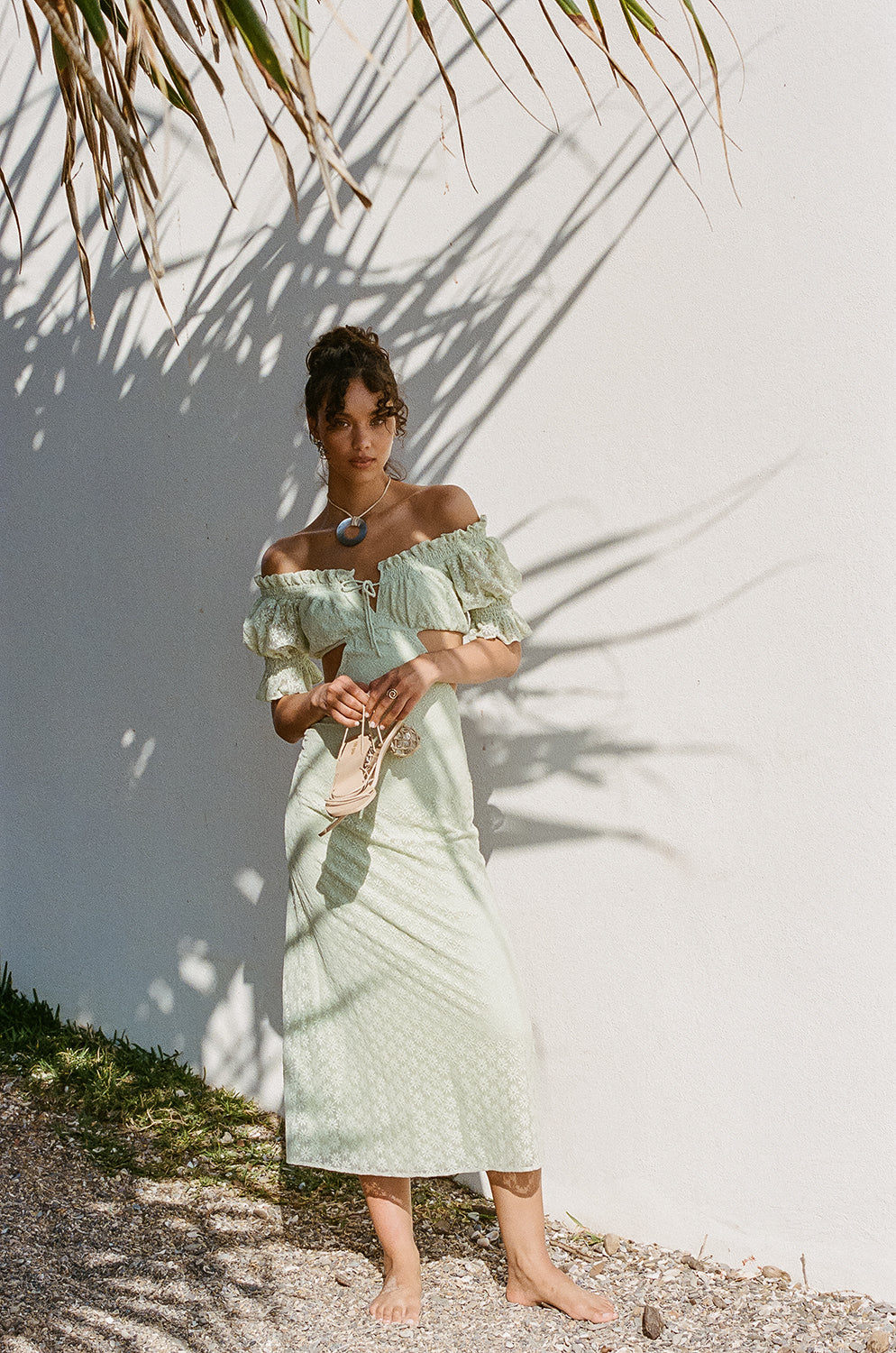 Mint Hue Soft Lace Off Shoulder Frill Detailing Midi Amelda Dress
