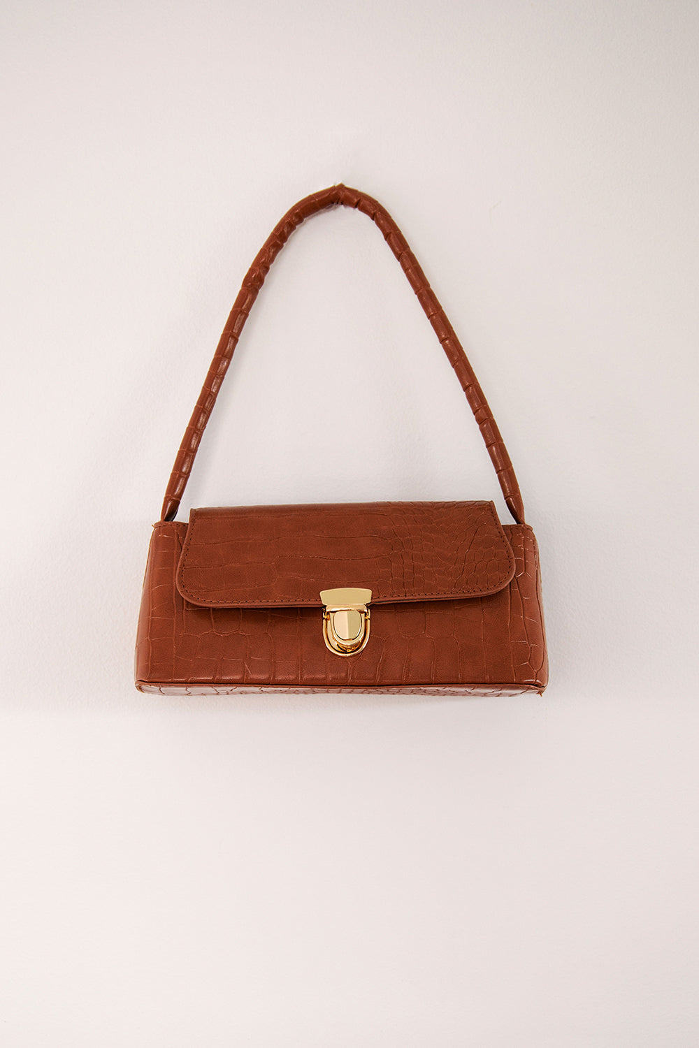 Levene Vegan Croc-Style Tan Baguette Handbag