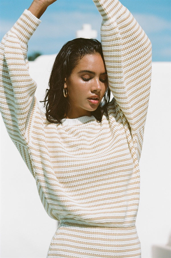 Stylish Cream-Hued Ribbed Kalia Dress with Tan Stripes