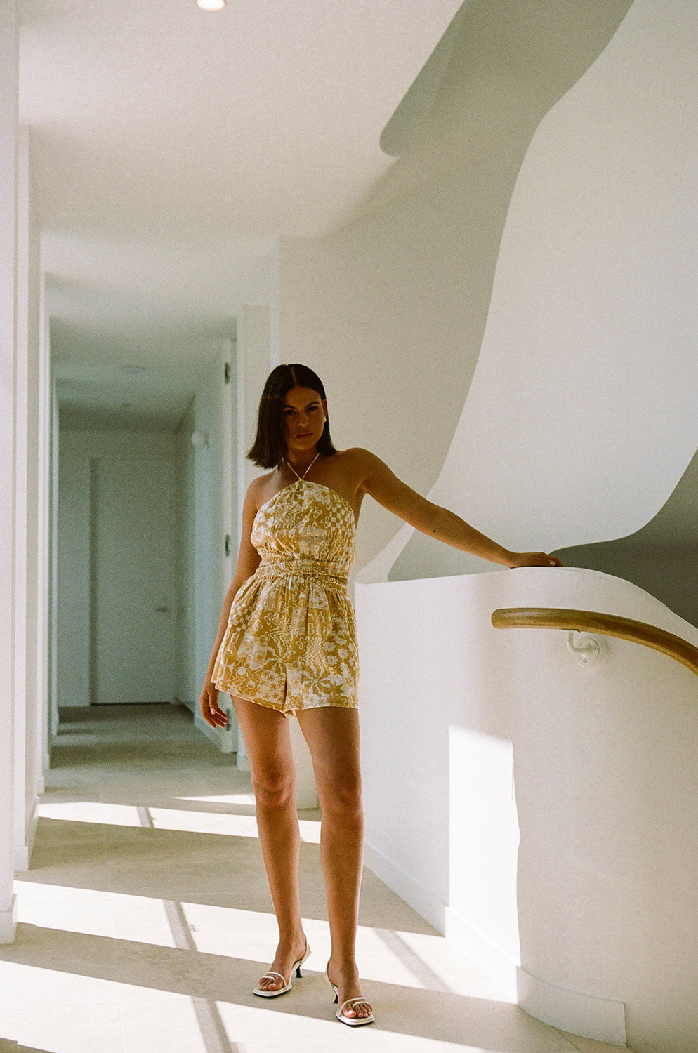 Exquisite Natural Cotton Madeira Playsuit with Tan Canyon Print