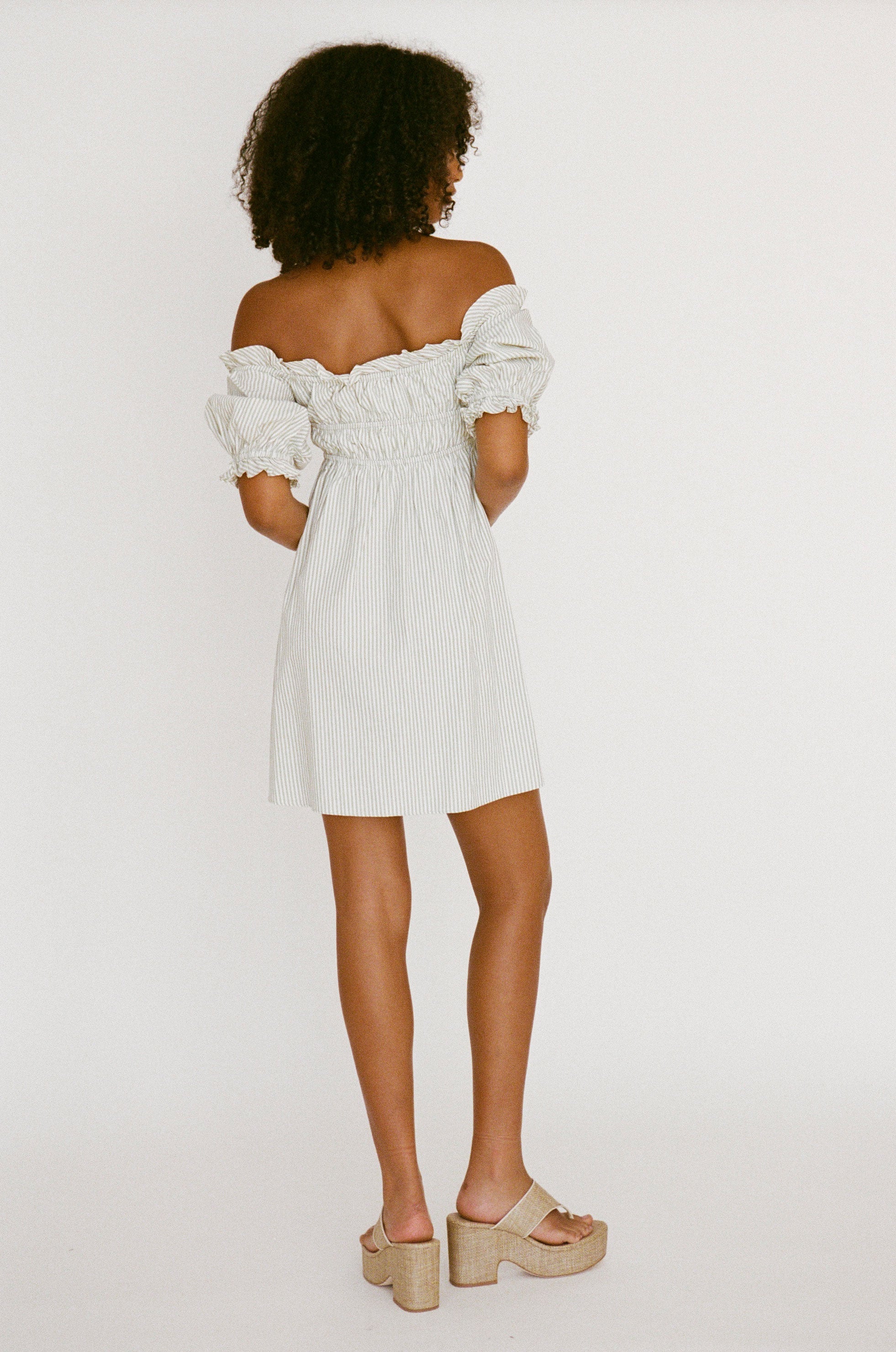 Elegant Blakely Off - Shoulder Dress with Sea Foam and White Stripes