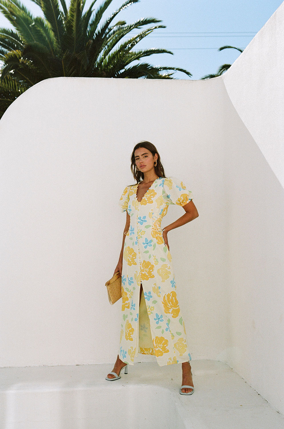 Exquisite Amorita Natural Seersucker Midi Dress with Yellow Garland Print