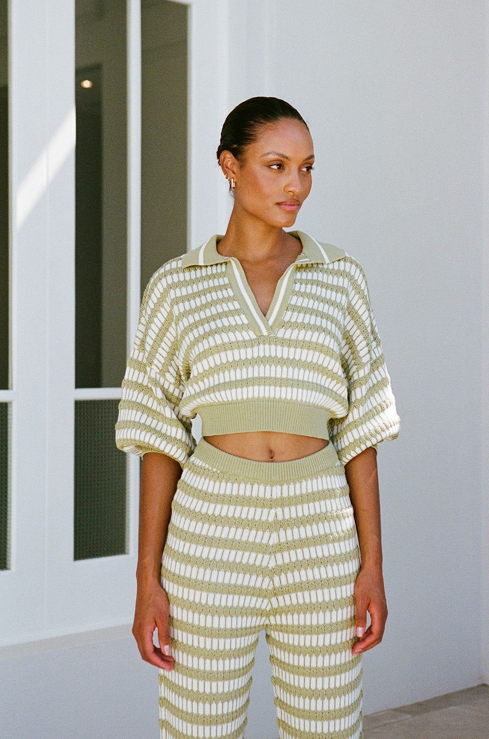 Sage and White Textured Striped Keyana High - Waisted Knit Pants