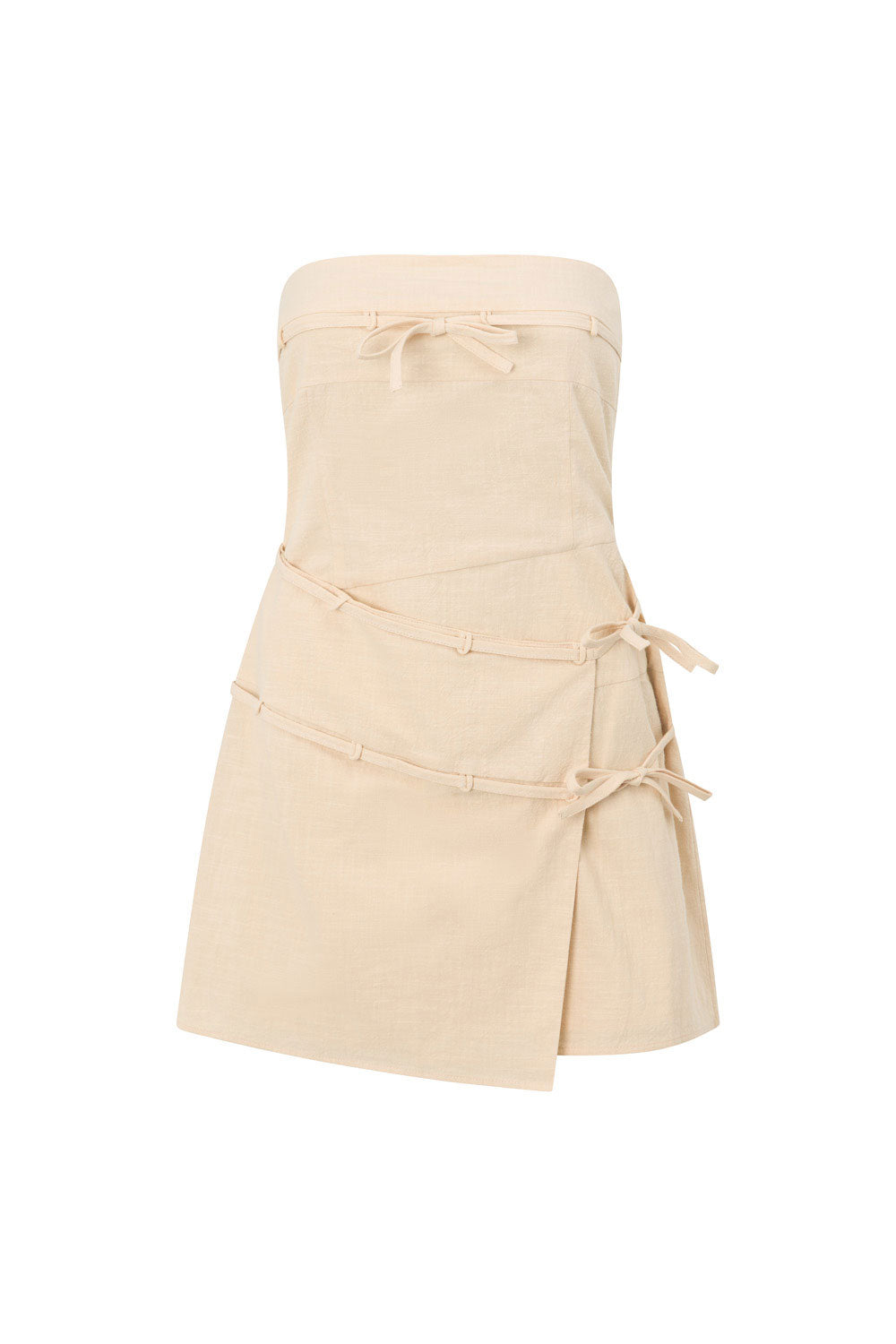 Sandy Beige Natural Cotton Slub Strapless Bandera Mini Dress
