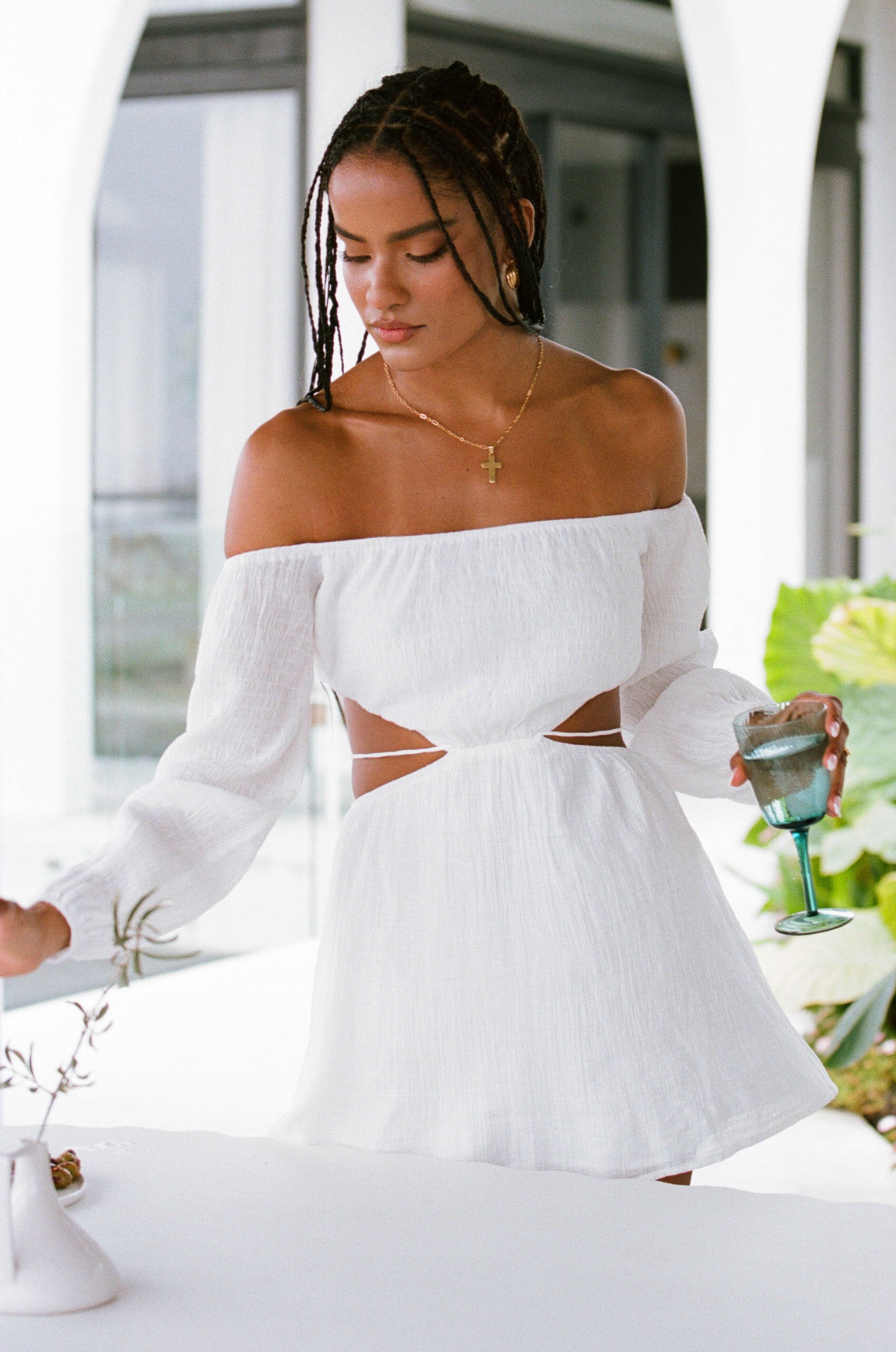 Stylish White Lightweight Crepe Off-Shoulder Piper Dress