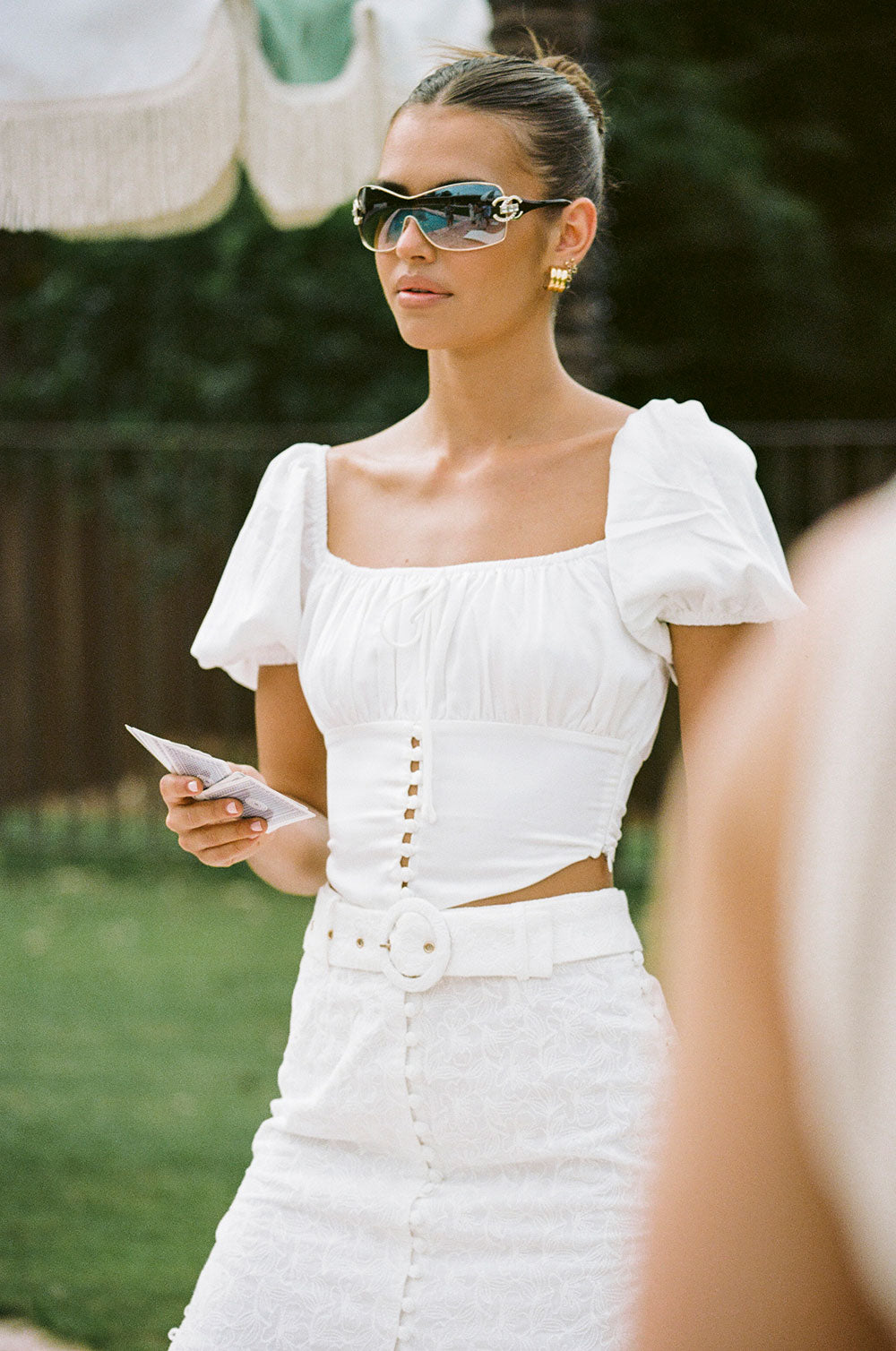 Exquisite Silky White Camille Top with Short Puff Sleeves