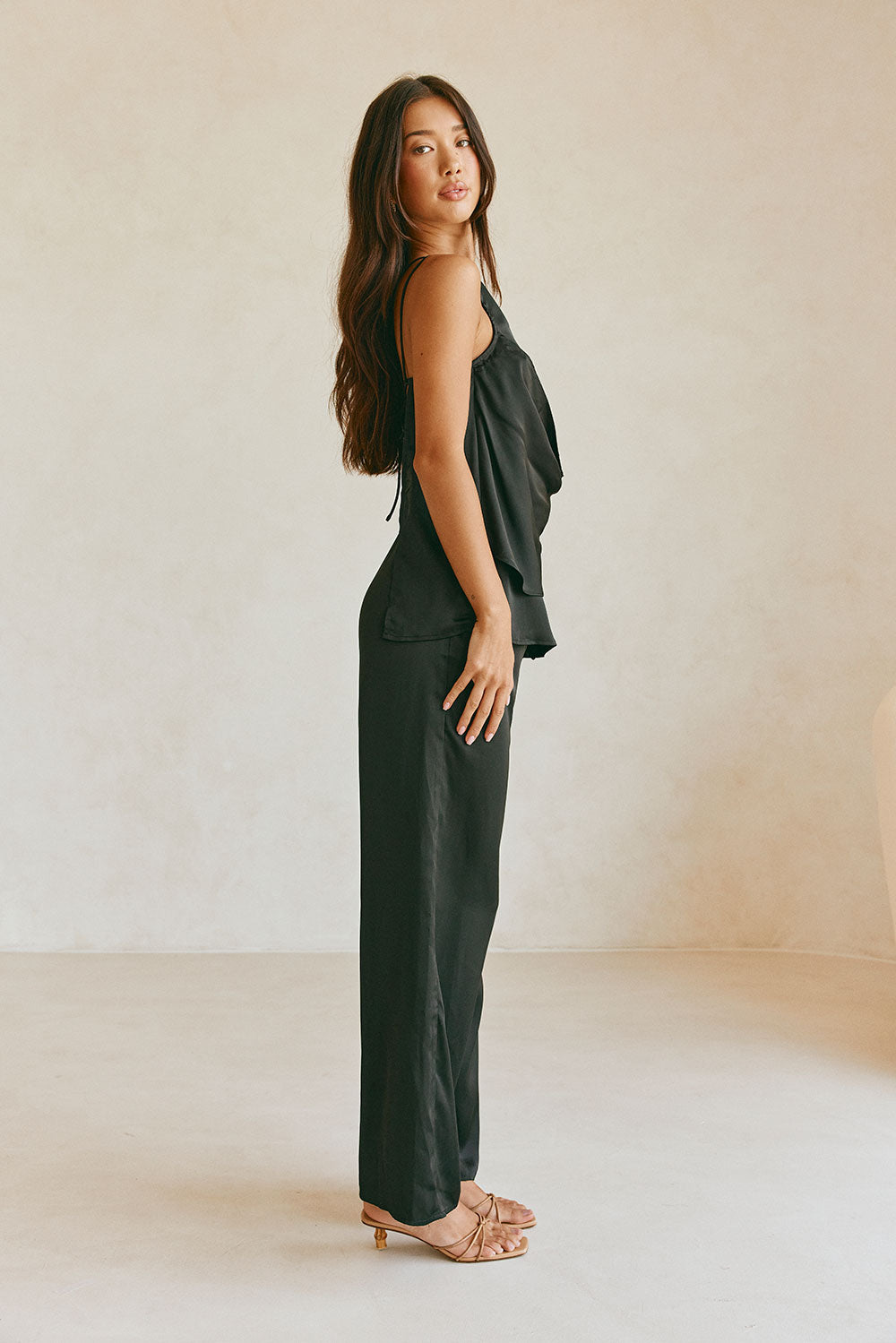 Elegant Adeline Women's Black Matte Silk Pants with Drawstring Waist