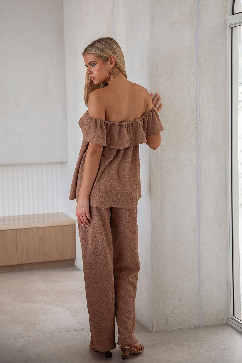 Chocolate Colored Crinkle Fabric Off - Shoulder Kala Top for Sunset Dinner