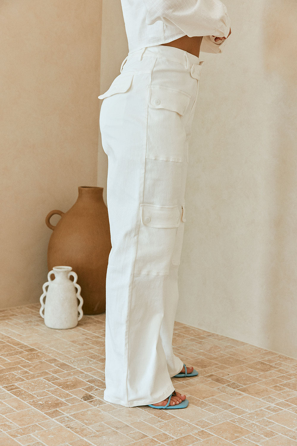 Exclusively Designed White High - Waisted Structured Cotton Denim Allani Pants