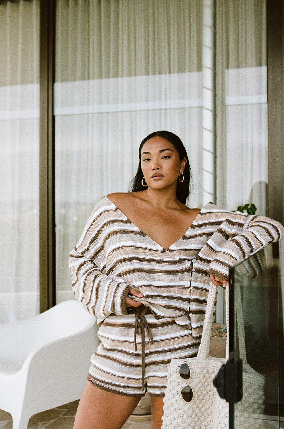 Sabo Exclusive Zessi High-Waisted Knit Shorts with Cocoa Stripes