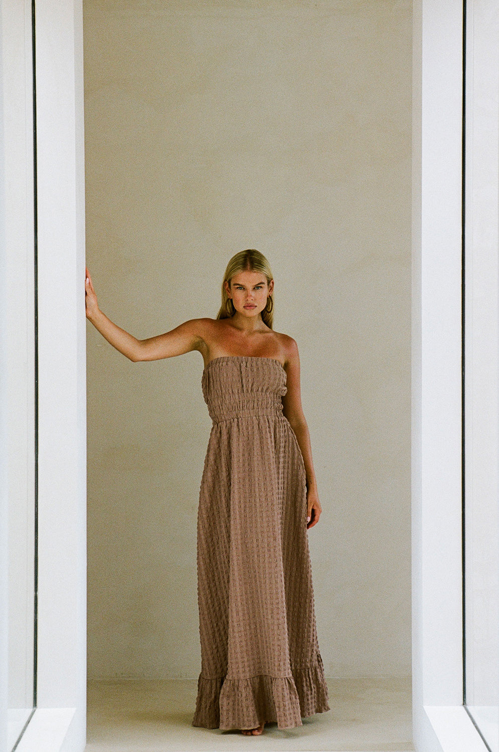 Chocolate Brown Textured Bubble Fabric Strapless Maxi Mya Dress