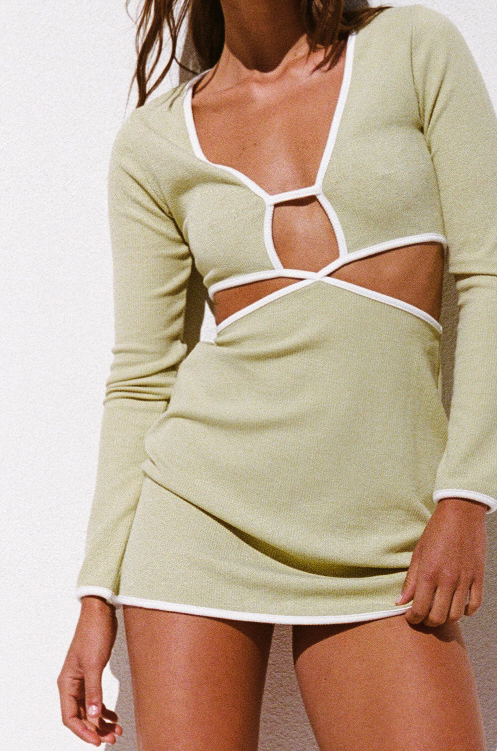 Dusty Green Ribbed Retro-Inspired Gigi Dress with White Bindings