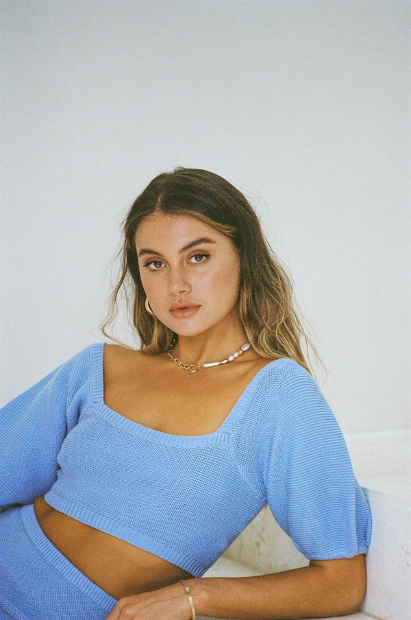 Stunning Blue Natural Cotton Cropped Graylee Knit Top with Contrast Trim