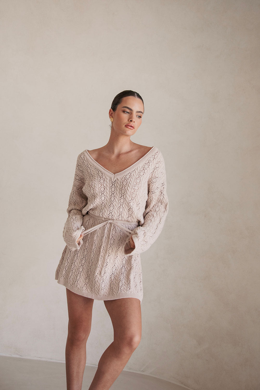 High - quality Natural Cotton Pointelle Knit Garnet Season - spanning Dress
