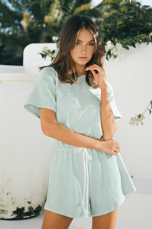 Sabo Exclusively Designed Dusty Blue Crinkle Fabric East Playsuit - Mist
