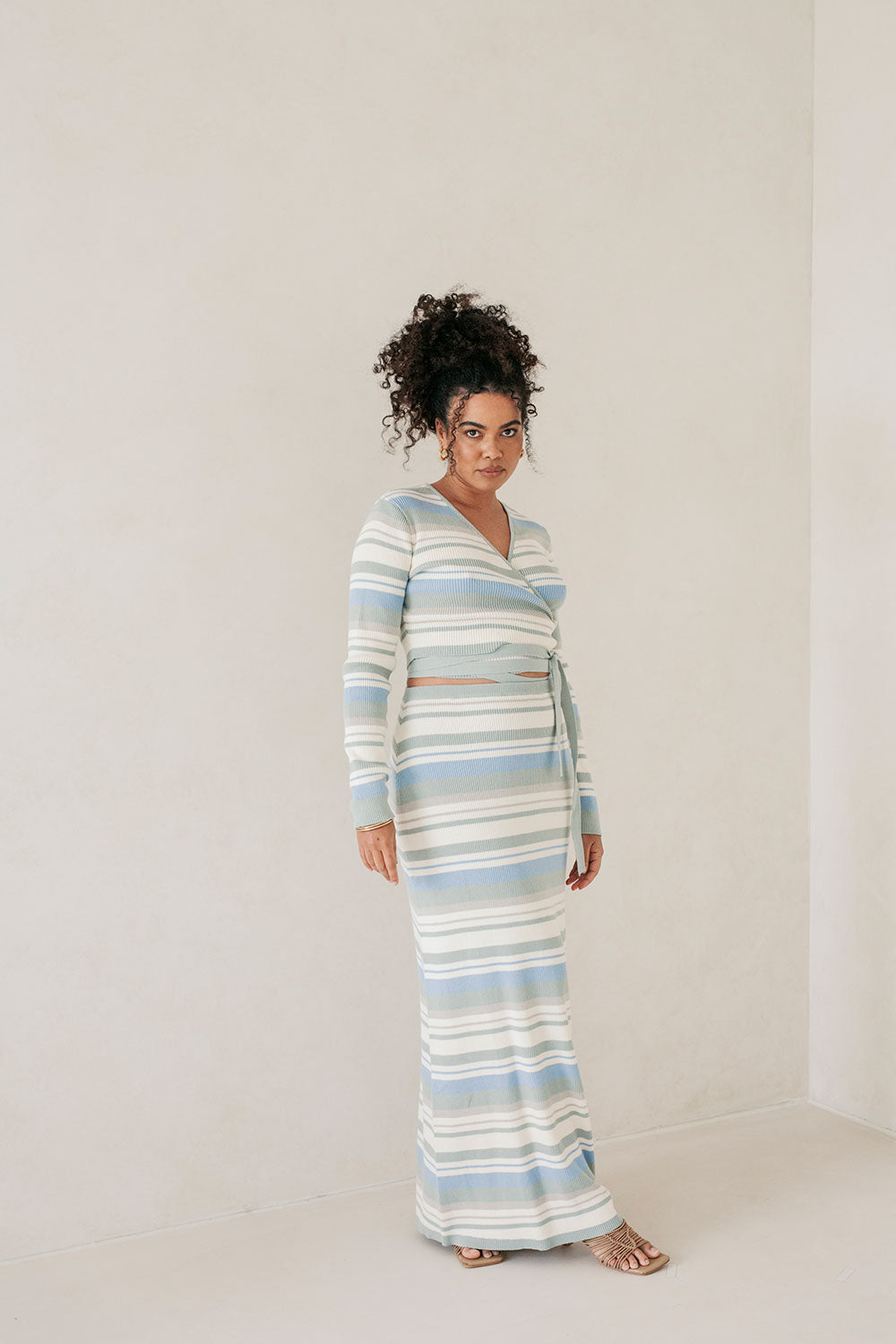 Women's Kaila Maxi Knit Skirt with Blue, Dusty Sage and White Stripes
