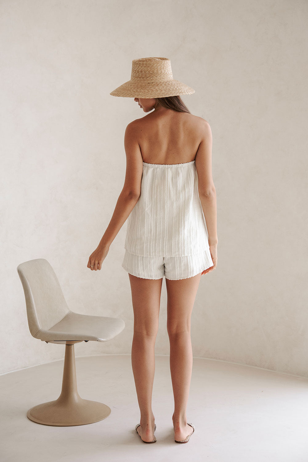 Exclusively Designed Cream Textured Vertical Stripes Strapless Sophie Playsuit