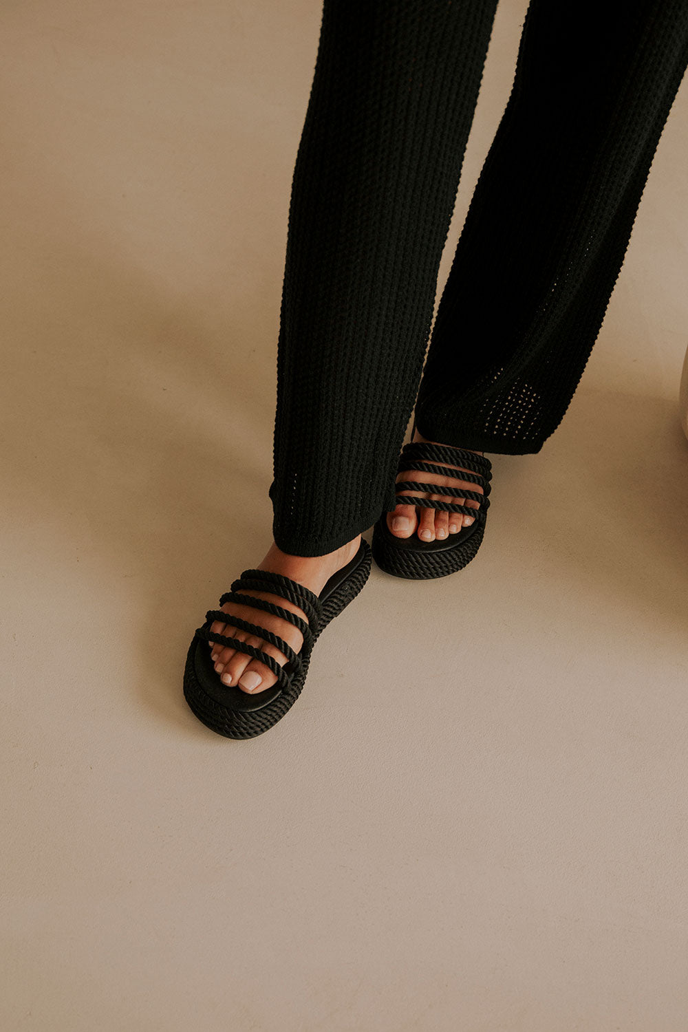 Stylish Black Fiore Platform Sandals with Rope Details