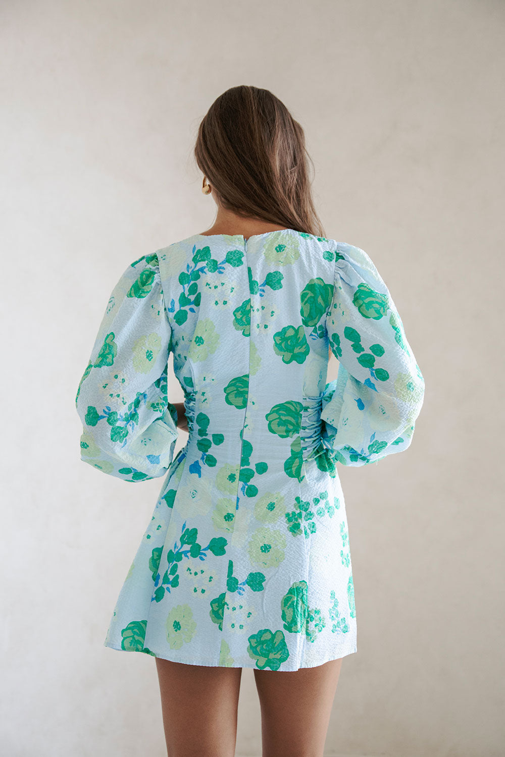 Stylish Corsage Blue Harri Button Dress with Puff Sleeves