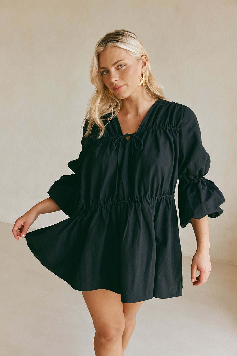 Black Structured Cotton Ava Dress with Stylish Details