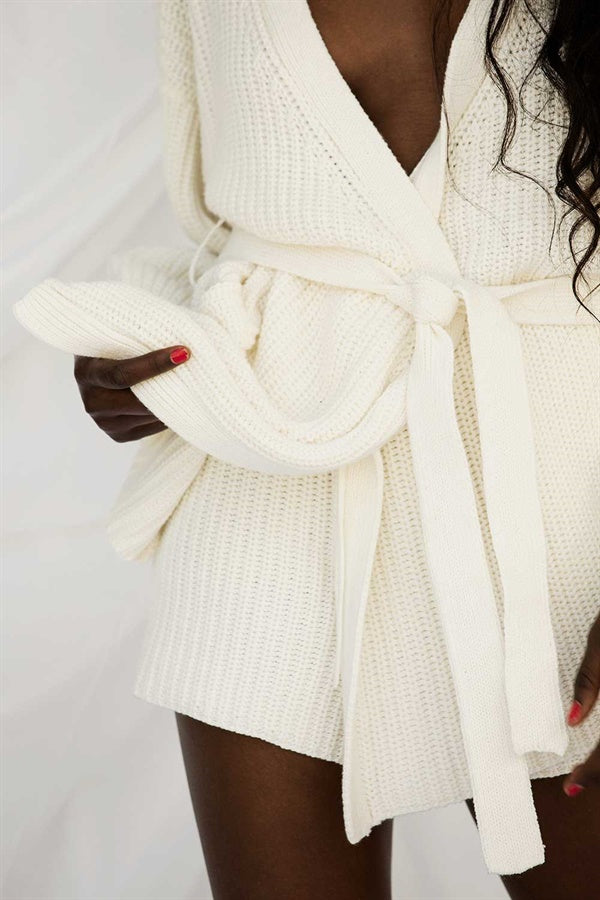 Stylish Light Cream Relaxed Fit Lita Knit Wrap Cardigan
