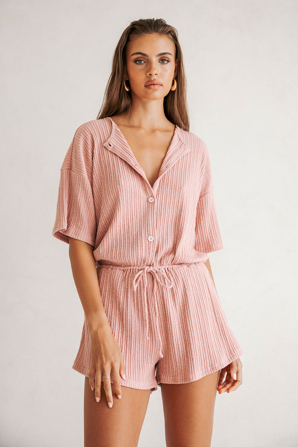 Dusty Pink Textured Ribbed Juniper Playsuit - Clay