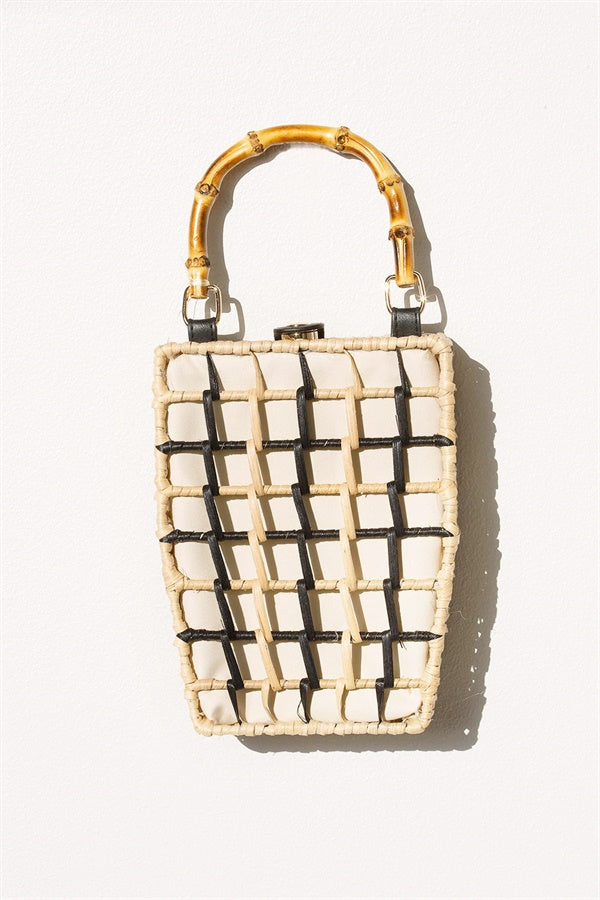 On - trend Tahiti Style Natural and Black Woven Wicker Handbag