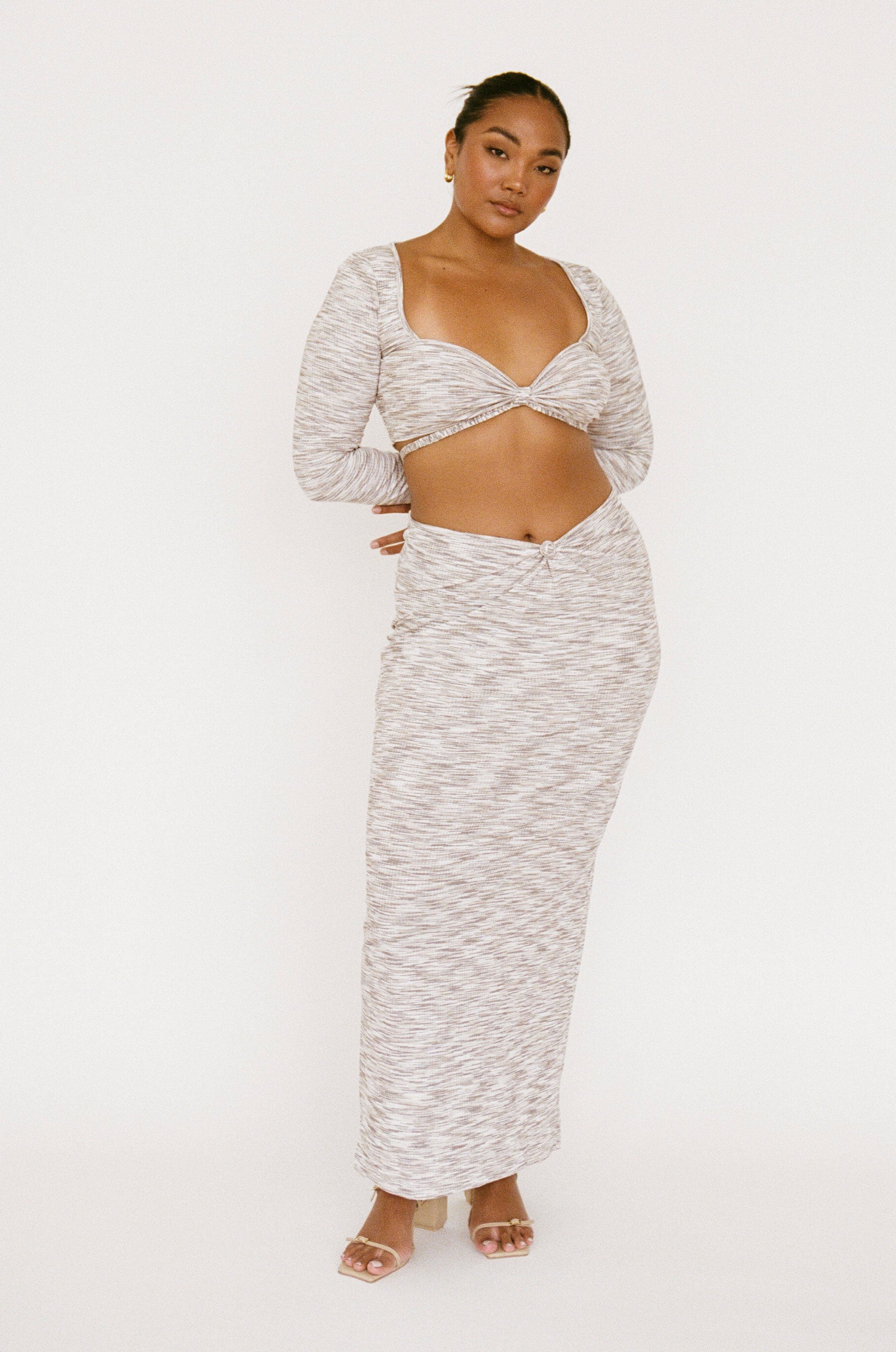Stylish Sabo-designed Grey, Tan and White Marl Ribbed Kirri Midi Skirt