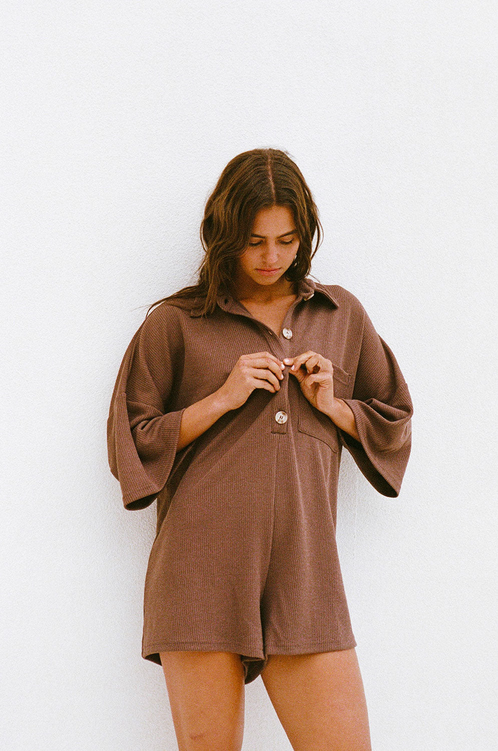 Chocolate Brown Soft Ribbed Milena Playsuit for Daily Wear