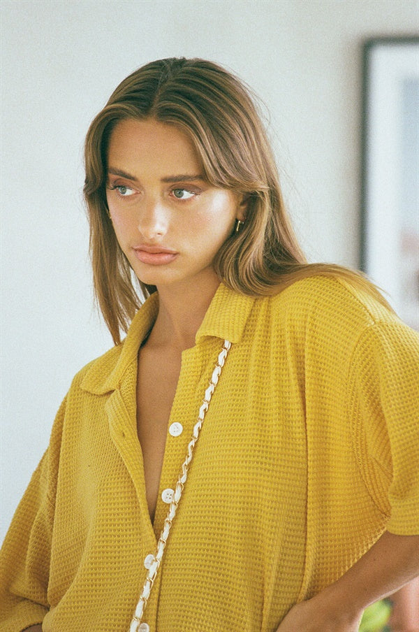 Mustard Soft Waffle Fabric Kase Top for Sunkissed Vacation