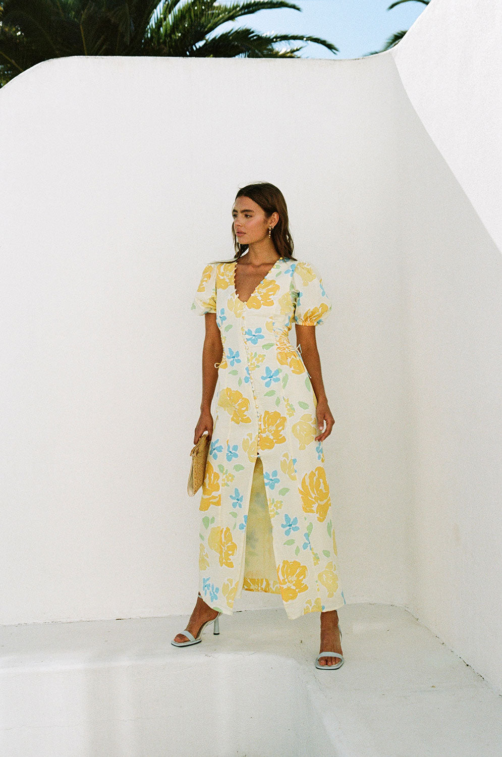 Exquisite Amorita Natural Seersucker Midi Dress with Yellow Garland Print