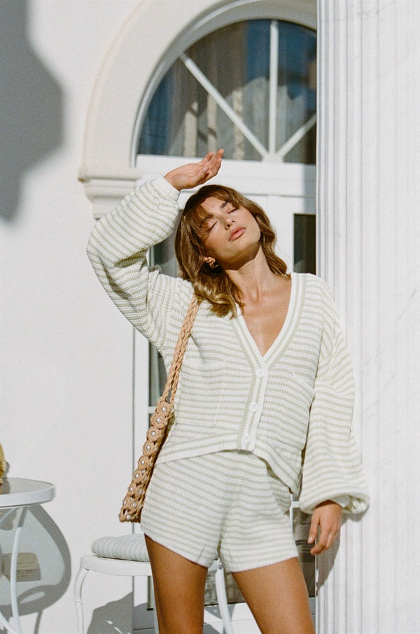 Ora Women's Ribbed Knit Cardigan in Cream and Light Green
