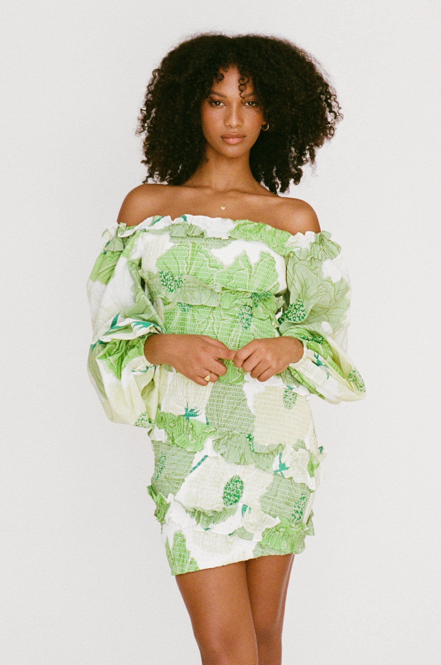 Sabo Exclusive Berlyn Shirred Mini Dress with Moss Lily Print
