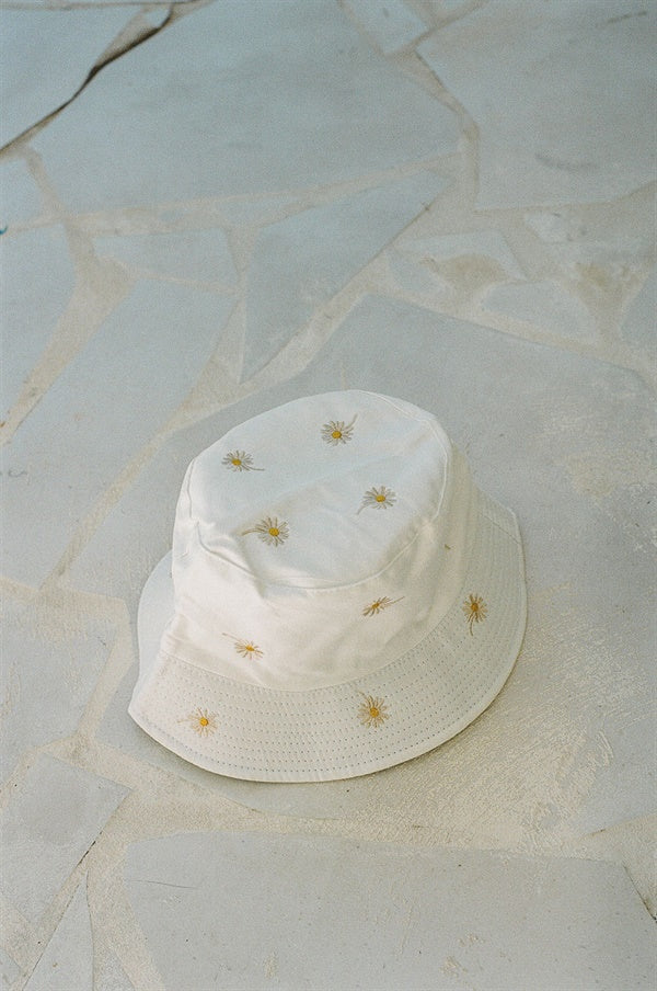 Adorable White Daisy Bucket Hat with Embroidered Flowers