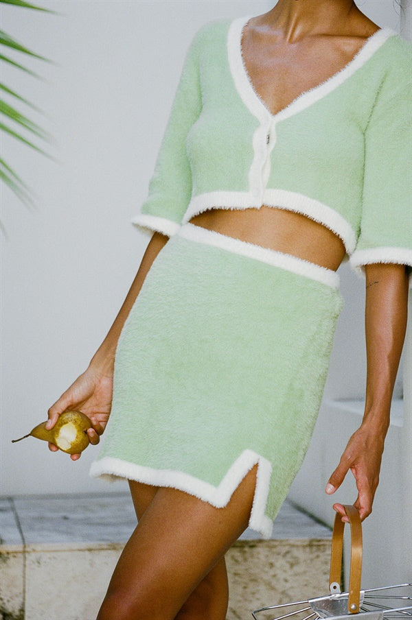 Soft Fluffy Green Vintage-Inspired Tai Knit High-Waisted Skirt