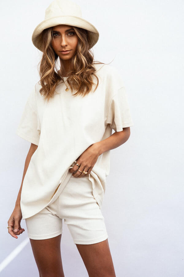 Comfy Cream Ribbed Short - Sleeve High - Rounded Neck Mellow Tee